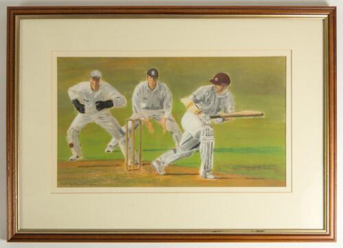 &lsquo;The Cricketers&rsquo;. Pavlina Samwellova 2000. Excellent original pastel painting of a cricket scene with helmeted batsman playing a shot to leg with the wicket-keeper and slip in close attendance. Signed to lower left hand border &lsquo;Pavlina Samwellova 2000&rsquo;. M