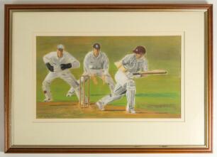 &lsquo;The Cricketers&rsquo;. Pavlina Samwellova 2000. Excellent original pastel painting of a cricket scene with helmeted batsman playing a shot to leg with the wicket-keeper and slip in close attendance. Signed to lower left hand border &lsquo;Pavlina Samwellova 2000&rsquo;. M