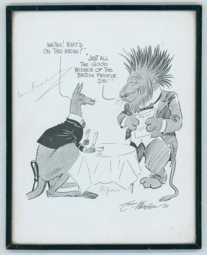 England v Australia 1938. Don Bradman. Printed cartoon by Tom Webster, dated 1938, depicting an Australian kangaroo sitting at a dining table with a England lion waiter attending him. The kangaroo asks &lsquo;Waiter! what&rsquo;s on the menu? and the lion answers &lsquo;Ju