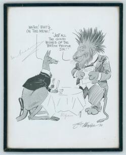 England v Australia 1938. Don Bradman. Printed cartoon by Tom Webster, dated 1938, depicting an Australian kangaroo sitting at a dining table with a England lion waiter attending him. The kangaroo asks &lsquo;Waiter! what&rsquo;s on the menu? and the lion answers &lsquo;Ju
