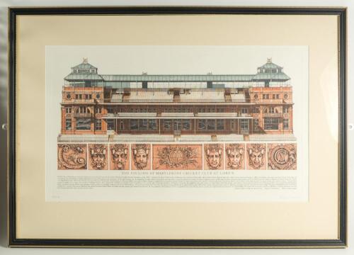 &lsquo;The Pavilion of Marylebone Cricket Club at Lord&rsquo;s&rsquo;, Andrew Ingamells (British, b.1956). Aqua tint copper etching of the famous pavilion designed by Thomas Verity in 1889, including close-up views of the terracotta heads which support the consoles on the 