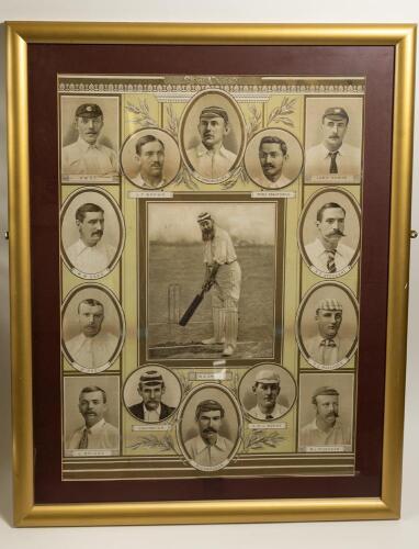 &lsquo;Famous Cricketers&rsquo; circa 1890. Very large and beautifully presented colour lithograph featuring W.G. Grace to centre, full length at the crease, wearing M.C.C. cap, surrounding Grace are the cameo images of R. Abel, J.T. Brown, A. Shrewsbury. Prince Ranj