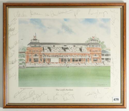 England and West Indies Test players. &lsquo;The Lord&rsquo;s Pavilion&rsquo;. Colour print from the original watercolour by David Gentleman 1986. Signed to the image borders in pencil by twenty nine former Test players from both teams. Signatures include Garry Sobers, Viv