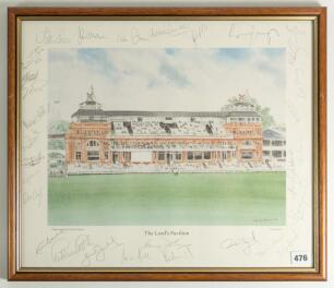 England and West Indies Test players. &lsquo;The Lord&rsquo;s Pavilion&rsquo;. Colour print from the original watercolour by David Gentleman 1986. Signed to the image borders in pencil by twenty nine former Test players from both teams. Signatures include Garry Sobers, Viv