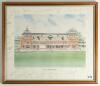 England and West Indies Test players. &lsquo;The Lord&rsquo;s Pavilion&rsquo;. Colour print from the original watercolour by David Gentleman 1986. Signed to the image borders in pencil by twenty nine former Test players from both teams. Signatures include Garry Sobers, Viv