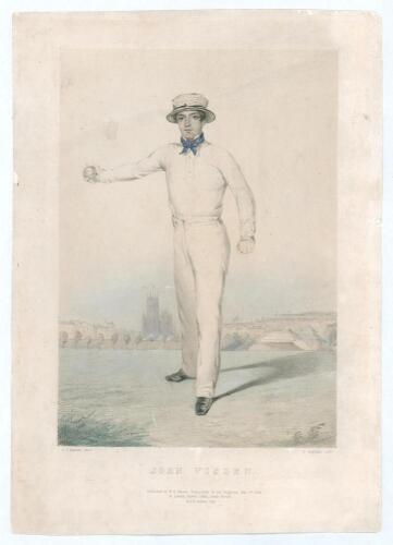 &lsquo;John Wisden&rsquo;. Original hand coloured llithograph of Wisden standing full length in &lsquo;round arm&rsquo; bowling pose, wearing straw boater and blue neck tie, church and buildings in the background. Published by W.H. Mason of Brighton and Robert Dark, Lord&rsquo;s Groun