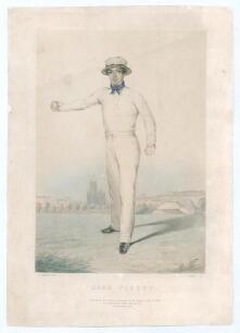 &lsquo;John Wisden&rsquo;. Original hand coloured llithograph of Wisden standing full length in &lsquo;round arm&rsquo; bowling pose, wearing straw boater and blue neck tie, church and buildings in the background. Published by W.H. Mason of Brighton and Robert Dark, Lord&rsquo;s Groun