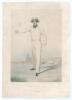 &lsquo;John Wisden&rsquo;. Original hand coloured llithograph of Wisden standing full length in &lsquo;round arm&rsquo; bowling pose, wearing straw boater and blue neck tie, church and buildings in the background. Published by W.H. Mason of Brighton and Robert Dark, Lord&rsquo;s Groun