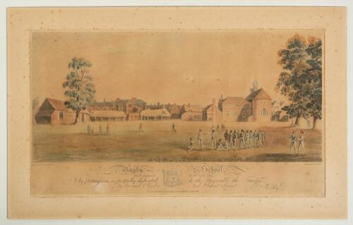 &lsquo;Rugby School as it appear&rsquo;d in the Year 1809&rsquo;. Original early colour aquatint of a scene depicting boys gathered for cricket in the grounds of Rugby School. Subtitled &lsquo;Is by permission respectfully dedicated to the Honorable the Trustees, By their much O