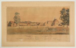&lsquo;Rugby School as it appear&rsquo;d in the Year 1809&rsquo;. Original early colour aquatint of a scene depicting boys gathered for cricket in the grounds of Rugby School. Subtitled &lsquo;Is by permission respectfully dedicated to the Honorable the Trustees, By their much O