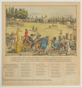 International Cricket at Mitcham Green 1876. An extremely rare hand coloured original printed Broadside of a verse in twenty four-line stanzas by the well known cricket author, &lsquo;F.G.&rsquo; (Frederick Gale). The poem describes the news that James Lillywhite&rsquo;s E
