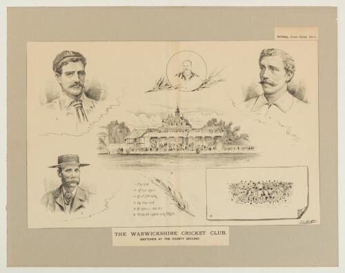 &lsquo;The Warwickshire Cricket Club (Sketches at the County Ground)&rsquo; by E.C. Mountford. Original double page supplement to &lsquo;The Dart&rsquo; magazine 22nd June 1888, featuring illustrations of Shilton, Mr. H.C. Maul, Mr. L.C. Docker, The Pavilion, Mr. Ansell Hon. Sec