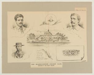 &lsquo;The Warwickshire Cricket Club (Sketches at the County Ground)&rsquo; by E.C. Mountford. Original double page supplement to &lsquo;The Dart&rsquo; magazine 22nd June 1888, featuring illustrations of Shilton, Mr. H.C. Maul, Mr. L.C. Docker, The Pavilion, Mr. Ansell Hon. Sec