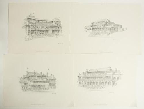 Alan Fearnley cricket prints c.1980s. Six limited edition prints of pencil drawing of pavilions at English Test grounds, each limited to five hundred copies and signed by the artist, Alan Fearnley. Subjects are The Oval, Trent Bridge, Old Trafford, Lord&rsquo;s