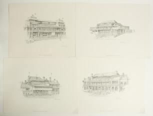 Alan Fearnley cricket prints c.1980s. Six limited edition prints of pencil drawing of pavilions at English Test grounds, each limited to five hundred copies and signed by the artist, Alan Fearnley. Subjects are The Oval, Trent Bridge, Old Trafford, Lord&rsquo;s