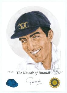 Mansoor Ali Khan, Nawab (&lsquo;Tiger&rsquo;) of Pataudi. Oxford University, Sussex, Hyderabad & India 1957-1976. Colour print of &lsquo;The Nawab of Pataudi&rsquo; from the &lsquo;Captains Portfolio&rsquo; series by artist Denise Dean, signed by Pataudi and the artist, limited edition numb