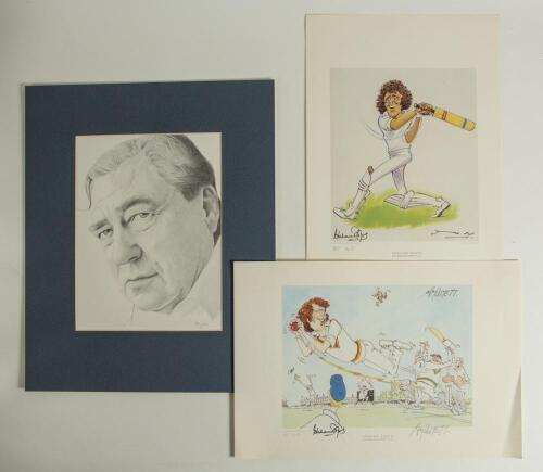Cricket portraits and cartoons. A selection of eight modern prints. Subjects are John Arlott, large portrait in pencil by Bonelli[?], limited edition print no. 2/300, mounted overall 14.25&rdquo;x17.5&rdquo;. Two signed colour prints of cartoons of Graham Roope, one 