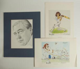 Cricket portraits and cartoons. A selection of eight modern prints. Subjects are John Arlott, large portrait in pencil by Bonelli[?], limited edition print no. 2/300, mounted overall 14.25&rdquo;x17.5&rdquo;. Two signed colour prints of cartoons of Graham Roope, one 