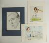 Cricket portraits and cartoons. A selection of eight modern prints. Subjects are John Arlott, large portrait in pencil by Bonelli[?], limited edition print no. 2/300, mounted overall 14.25&rdquo;x17.5&rdquo;. Two signed colour prints of cartoons of Graham Roope, one 