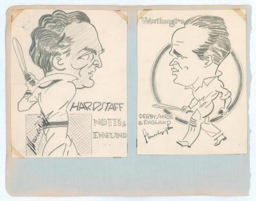 Joe Hardstaff Jr. (Nottinghamshire & England 1930-1955) and Stan Worthington (Derbyshire & England 1924-1947). Two nice original pencil caricatures by an artist named &lsquo;Sheffield&rsquo; in 1936, one of Hardstaff, the other Worthington, both in batting poses. Eac