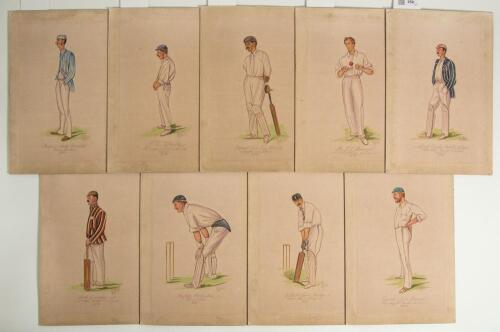&lsquo;Astor&rsquo; c.1913. Nine original watercolour caricatures of cricketers after the Vanity Fair prints of Spy and Ape, all signed by the artist, Astor. Cricketers featured are Frederick Spofforth, J.T. Tyldeseley, K.S. Ranjitsinhji, B.J.T. Bosanquet, L.C.H. Pal