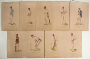 &lsquo;Astor&rsquo; c.1913. Nine original watercolour caricatures of cricketers after the Vanity Fair prints of Spy and Ape, all signed by the artist, Astor. Cricketers featured are Frederick Spofforth, J.T. Tyldeseley, K.S. Ranjitsinhji, B.J.T. Bosanquet, L.C.H. Pal