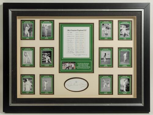 &lsquo;My Greatest England XI&rsquo;. Harold Dennis &lsquo;Dickie&rsquo; Bird. Yorkshire & Leicestershire 1956-1964. In October 2006 &lsquo;Dickie&rsquo; Bird was asked to name his greatest England team. This large mounted display contains a copy of the original listing he made including th