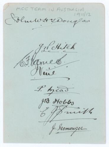 M.C.C. tour of Australia 1911/12. Album page very nicely signed in ink by eight members of the touring party. Signatures include Johnny Douglas, Bill Hitch, Sydney Barnes, Joe Vine, Phillip Mead, Jack Hobbs, E.J. &lsquo;Tiger&rsquo; Smith and James Iremonger. Very go