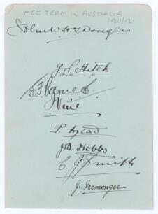 M.C.C. tour of Australia 1911/12. Album page very nicely signed in ink by eight members of the touring party. Signatures include Johnny Douglas, Bill Hitch, Sydney Barnes, Joe Vine, Phillip Mead, Jack Hobbs, E.J. &lsquo;Tiger&rsquo; Smith and James Iremonger. Very go