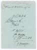 M.C.C. tour of Australia 1911/12. Album page very nicely signed in ink by eight members of the touring party. Signatures include Johnny Douglas, Bill Hitch, Sydney Barnes, Joe Vine, Phillip Mead, Jack Hobbs, E.J. &lsquo;Tiger&rsquo; Smith and James Iremonger. Very go