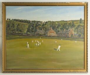 Cricket painting. An attractive original oil on canvas of village cricket scene, a fielder appears to be taking a catch to foreground with village, village pub with &lsquo;Whitbread sign, rising scenery with church on the hill to background. Framed 32&rdquo;x26&rdquo;. Ten