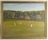 Cricket painting. An attractive original oil on canvas of village cricket scene, a fielder appears to be taking a catch to foreground with village, village pub with &lsquo;Whitbread sign, rising scenery with church on the hill to background. Framed 32&rdquo;x26&rdquo;. Ten
