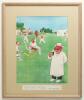 Cricket painting. An attractive original oil on canvas of village cricket scene, a fielder appears to be taking a catch to foreground with village, village pub with &lsquo;Whitbread sign, rising scenery with church on the hill to background. Framed 32&rdquo;x26&rdquo;. Ten - 5
