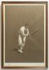 Cricket painting. An attractive original oil on canvas of village cricket scene, a fielder appears to be taking a catch to foreground with village, village pub with &lsquo;Whitbread sign, rising scenery with church on the hill to background. Framed 32&rdquo;x26&rdquo;. Ten - 6
