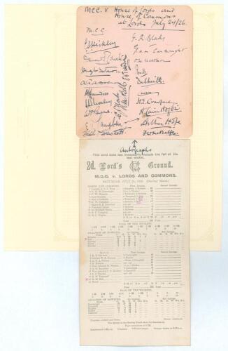 M.C.C. v House of Lords and House of Commons&rsquo; 1926. Large album page very nicely signed in black ink by all twenty two players who took part in the one day match played at Lord&rsquo;s on 24th July 1926. The M.C.C. team included some who played County cricket, 