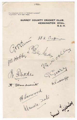 The Ashes. England v Australia 1926. Page on Surrey C.C.C. official letterhead very nicely signed in black ink by the twelve members of the England team for the 5th Test at Kennington Oval 14th- 18th August 1926 (timeless Test). Signatures are Chapman (Ca