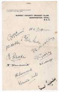 The Ashes. England v Australia 1926. Page on Surrey C.C.C. official letterhead very nicely signed in black ink by the twelve members of the England team for the 5th Test at Kennington Oval 14th- 18th August 1926 (timeless Test). Signatures are Chapman (Ca