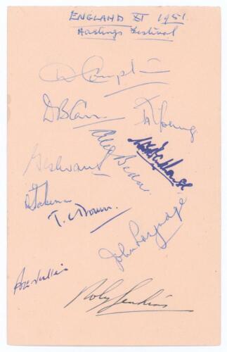&lsquo;England XI 1951. Hastings Festival&rsquo;. Album page signed in ink by the eleven members of the England XI for the match v South Africans played at Hastings 1st- 4th September 1951. Signatures are Compton (Captain), Carr, Young, Evans, Bedser, Parkhouse, Jake
