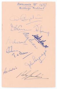 &lsquo;England XI 1951. Hastings Festival&rsquo;. Album page signed in ink by the eleven members of the England XI for the match v South Africans played at Hastings 1st- 4th September 1951. Signatures are Compton (Captain), Carr, Young, Evans, Bedser, Parkhouse, Jake