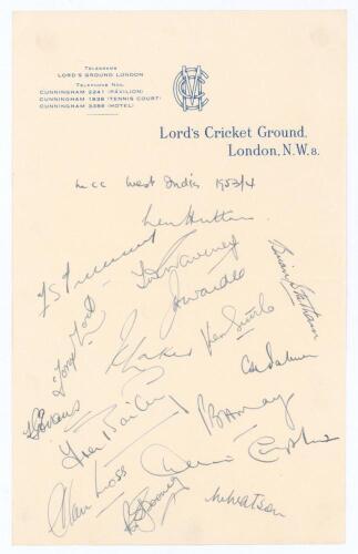 M.C.C. tour of the West Indies 1953/54. A sheet of M.C.C. Lord&rsquo;s Cricket Ground headed paper beautifully signed by all sixteen members of the touring party. Signatures are Hutton (Captain), Evans, Palmer, Bailey, Suttle, Moss, May, Statham, Compton, Watso