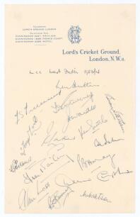 M.C.C. tour of the West Indies 1953/54. A sheet of M.C.C. Lord&rsquo;s Cricket Ground headed paper beautifully signed by all sixteen members of the touring party. Signatures are Hutton (Captain), Evans, Palmer, Bailey, Suttle, Moss, May, Statham, Compton, Watso