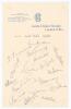 M.C.C. tour of the West Indies 1953/54. A sheet of M.C.C. Lord&rsquo;s Cricket Ground headed paper beautifully signed by all sixteen members of the touring party. Signatures are Hutton (Captain), Evans, Palmer, Bailey, Suttle, Moss, May, Statham, Compton, Watso