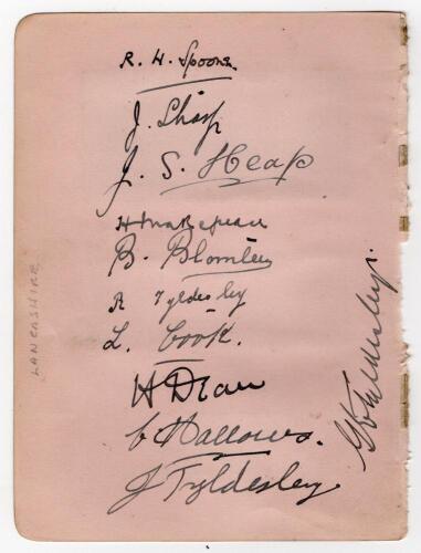 Lancashire c.1920. Album page nicely signed in ink to one side by eleven members of the Lancashire team. Signatures are Spooner, Sharp, Makepeace, Blomley, R. Tyldesley, Cook, Dean, Hallows, J. Tyldesley and G.E. Tyldesley. Additionally signed to the vers