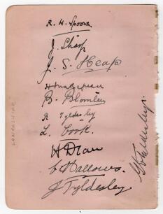 Lancashire c.1920. Album page nicely signed in ink to one side by eleven members of the Lancashire team. Signatures are Spooner, Sharp, Makepeace, Blomley, R. Tyldesley, Cook, Dean, Hallows, J. Tyldesley and G.E. Tyldesley. Additionally signed to the vers