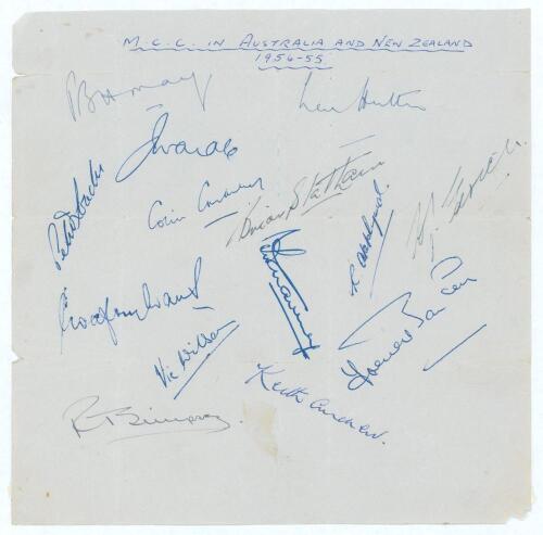 M.C.C. tour to Australia and New Zealand 1954/55. Plain page signed in ink by fourteen members of the England touring party. Signatures are Hutton (Captain), May, Wardle, Loader, Cowdrey, Statham, Evans, Graveney, Appleyard, Edrich, Wilson, Bailey, Simpso