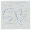 M.C.C. tour to Australia and New Zealand 1954/55. Plain page signed in ink by fourteen members of the England touring party. Signatures are Hutton (Captain), May, Wardle, Loader, Cowdrey, Statham, Evans, Graveney, Appleyard, Edrich, Wilson, Bailey, Simpso