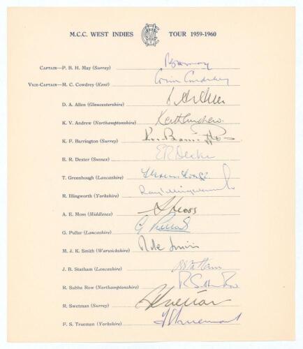 M.C.C. tour to West Indies 1959/60. Official M.C.C. autograph sheet with printed title and players&rsquo; names, fully signed by all fifteen listed members of the touring party. Signatures are May (Captain), Cowdrey, Allen, Andrew, Barrington, Dexter, Greenhoug
