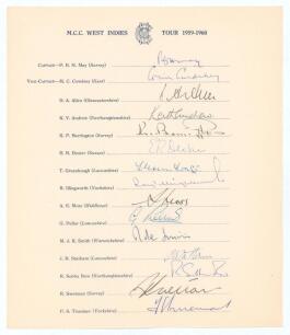 M.C.C. tour to West Indies 1959/60. Official M.C.C. autograph sheet with printed title and players&rsquo; names, fully signed by all fifteen listed members of the touring party. Signatures are May (Captain), Cowdrey, Allen, Andrew, Barrington, Dexter, Greenhoug