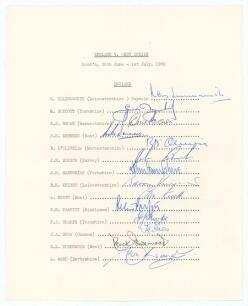 England v West Indies 1969. Official autograph sheet with typed title and players&rsquo; names, for the drawn 2nd Test, Lord&rsquo;s, 26th June- 1st July 1969. Fully and nicely signed in ink by the fourteen listed members of the England team. Signatures are Illingwor