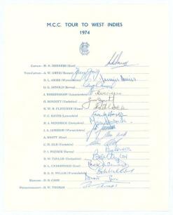 M.C.C. tour to West Indies 1973/74. Official M.C.C. autograph sheet with printed title and players&rsquo; names nicely and fully signed in ink by all eighteen of the listed members of the touring party. Signatures are Denness (Captain), Greig, Amiss, Arnold, Bi